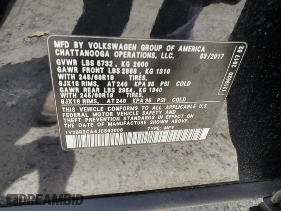 2018 Volkswagen Atlas Launch Edition with VIN 1V2BR2CA4JC502006, listed as a Copart auction lot 51957625 with 102,591 mi miles and Salvage title. Bid and sale history available at DreamBid. Image 13.