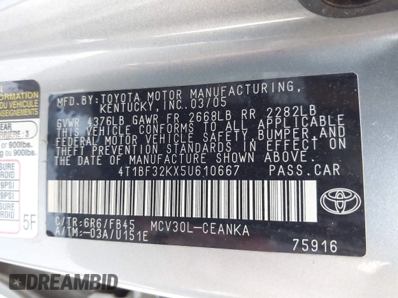 2005 Toyota Camry LE with VIN 4T1BF32KX5U610667, listed as a IAAI auction lot 42132769 with Not Provided miles and . Bid and sale history available at DreamBid. Image 9.