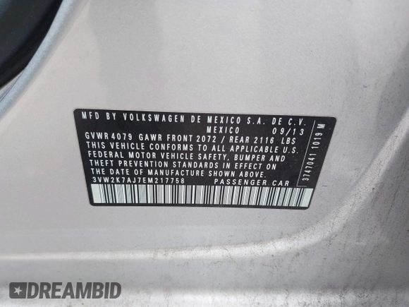 2014 Volkswagen Jetta S z VIN 3VW2K7AJ7EM217758, wystawiony jako IAAI lot #42461868 z przebiegiem 141 962 mil mil oraz . Historia ofert i sprzedaży dostępna na DreamBid. Obrazek 9.
