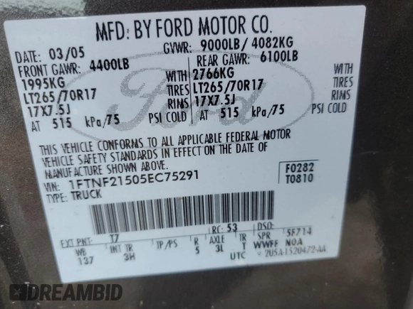 2005 Ford F-250 XL with VIN 1FTNF21505EC75291, listed as a Copart auction lot 88982815 with Not Provided miles and Salvage Title. Bid and sale history available at DreamBid. Image 12.