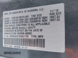 2019 Honda Odyssey LX with VIN 5FNRL6H21KB057139, listed as a IAAI auction lot 41422185 with 128,812 mi miles and . Bid and sale history available at DreamBid. Image 9.