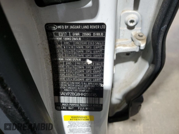 2017 Land Rover Range Rover Evoque SE with VIN SALVP2BG8HH239745, listed as a Copart auction lot 49799505 with 0 mi miles and Salvage Title. Bid and sale history available at carsss.com. Image 13.