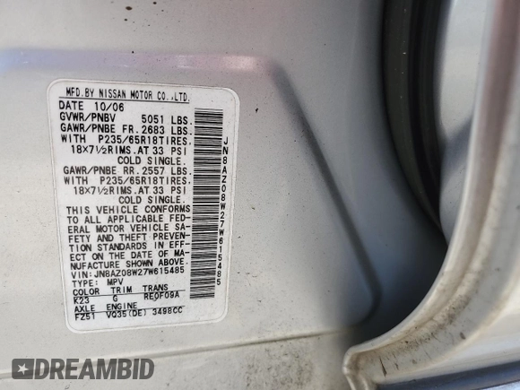 2007 Nissan Murano SL z VIN JN8AZ08W27W615485, wystawiony jako Copart lot #53990995 z przebiegiem 130 138 mil mil oraz Szkoda całkowita • Salvage title. Historia ofert i sprzedaży dostępna na DreamBid. Obrazek 13.