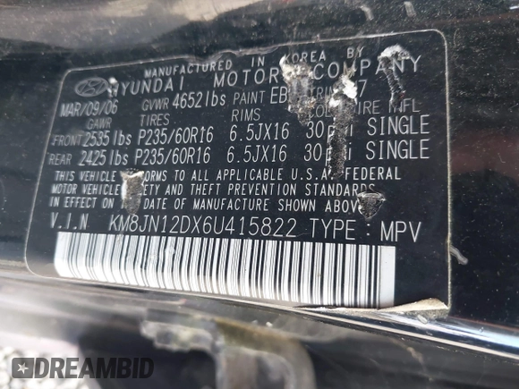 2006 Hyundai Tucson GLS with VIN KM8JN12DX6U415822, listed as a IAAI auction lot 41820694 with 167,543 mi miles. Bid and sale history available at carsss.com. Image 9.