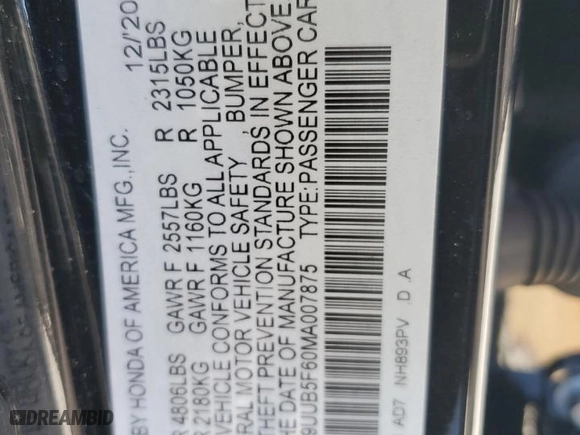 2021 Acura TLX w/Advance Package with VIN 19UUB5F60MA007875, listed as a Copart auction lot 42486525 with 11,718 mi miles and Non Repairable. Bid and sale history available at carsss.com. Image 15.