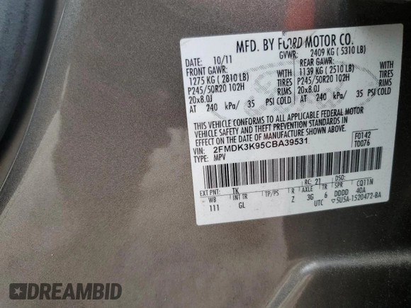 2012 Ford Edge Limited with VIN 2FMDK3K95CBA39531, listed as a Copart auction lot 50867885 with 210,983 mi miles and Clean Title. Bid and sale history available at carsss.com. Image 12.