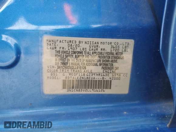 2020 Nissan Versa S z VIN 3N1CN8DV2LL916126, wystawiony jako Copart lot #56963015 z przebiegiem 68 754 mil mil oraz Szkoda całkowita • Salvage title. Historia ofert i sprzedaży dostępna na DreamBid. Obrazek 12.
