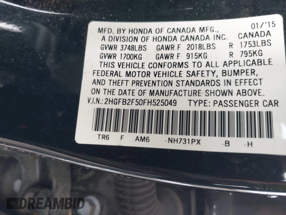 2015 Honda Civic LX with VIN 2HGFB2F50FH525049, listed as a IAAI auction lot 41827756 with 115,880 mi miles and . Bid and sale history available at DreamBid. Image 9.