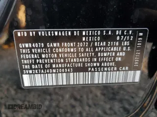 2013 Volkswagen Jetta Sedan S with VIN 3VW2K7AJ4DM206943, listed as a Copart auction lot 83605904 with 63,552 mi miles and Salvage Title. Bid and sale history available at carsss.com. Image 12.