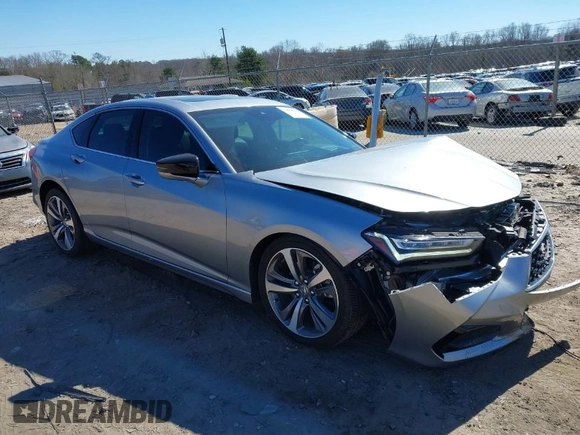 2021 Acura TLX w/Advance Package with VIN 19UUB5F68MA007218, listed as a IAAI auction lot 41693746 with 14,965 mi miles. Bid and sale history available at carsss.com. Image 1.