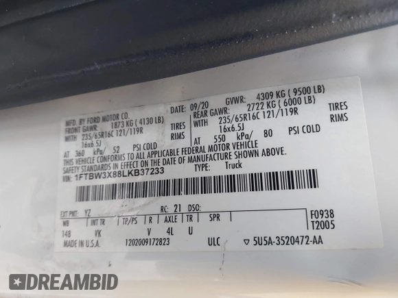 2020 Ford Transit Cargo с VIN 1FTBW3X88LKB37233, выставлен на аукционе IAAI как лот 40882872 с пробегом 101 171 миль миль и . История ставок и продаж доступна на DreamBid. Изображение 9.