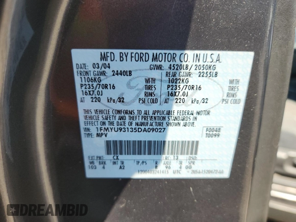 2005 Ford Escape XLT with VIN 1FMYU93135DA09027, listed as a Copart auction lot 63322395 with 144,020 mi miles and Clean title. Bid and sale history available at DreamBid. Image 13.