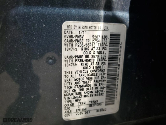 2011 Nissan Murano SV with VIN JN8AZ1MW2BW169892, listed as a Copart auction lot 46628735 with 164,409 mi miles and Salvage Title. Bid and sale history available at carsss.com. Image 15.