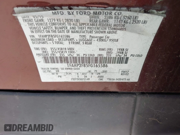 2015 Ford Taurus Limited with VIN 1FAHP2F85FG165586, listed as a IAAI auction lot 42565514 with 183,365 mi miles and . Bid and sale history available at DreamBid. Image 9.