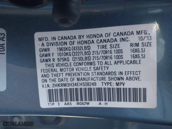2014 Honda CR-V LX with VIN 2HKRM3H34EH508249, listed as a IAAI auction lot 41827471 with 219,581 mi miles. Bid and sale history available at carsss.com. Image 9.