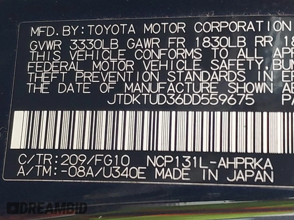 2013 Toyota Yaris L with VIN JTDKTUD36DD559675, listed as a IAAI auction lot 42044052 with Not Provided miles and . Bid and sale history available at DreamBid. Image 9.