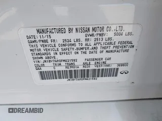 2015 Infiniti Q50 Premium with VIN JN1BV7AR0FM421592, listed as a IAAI auction lot 42070055 with 161,038 mi miles. Bid and sale history available at carsss.com. Image 9.