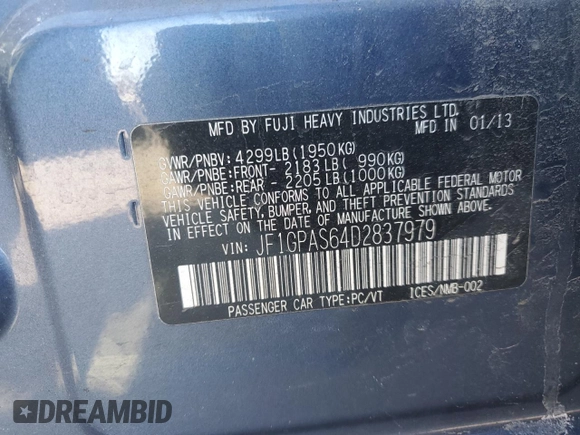2013 Subaru Impreza Special Sports Limited с VIN JF1GPAS64D2837979, выставлен на аукционе Copart как лот 46428315 с пробегом 107 719 миль миль и Списание • Salvage title. История ставок и продаж доступна на DreamBid. Изображение 15.