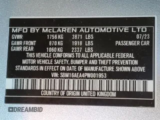 2023 McLaren Artura z VIN SBM16AEA4PW001953, wystawiony jako Copart lot #80270564 z przebiegiem 5956 mil mil oraz Nie do naprawy. Historia ofert i sprzedaży dostępna na DreamBid. Obrazek 13.