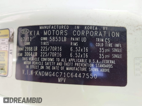 2012 Kia Sedona LX with VIN KNDMG4C71C6447550, listed as a IAAI auction lot 42190357 with 161,960 mi miles. Bid and sale history available at carsss.com. Image 9.