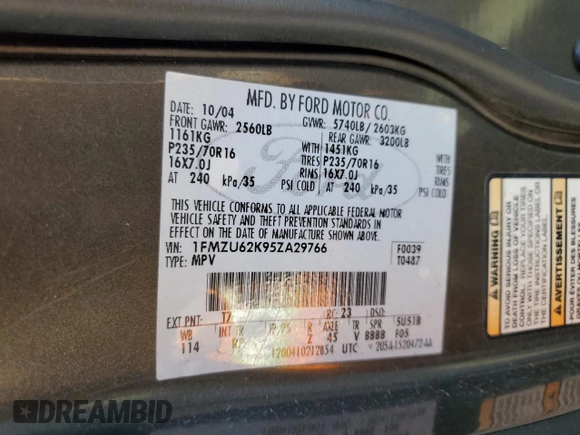 2005 Ford Explorer XLS z VIN 1FMZU62K95ZA29766, wystawiony jako Copart lot #48871785 z przebiegiem 67 278 mil mil oraz Szkoda całkowita • Salvage title. Historia ofert i sprzedaży dostępna na DreamBid. Obrazek 15.