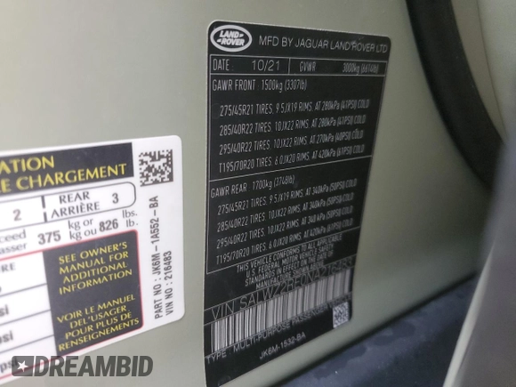 2022 Land Rover Range Rover Sport SVR with VIN SALWZ2RE0NA216483, listed as a Copart auction lot 85143204 with Not Provided miles and Non Repairable. Bid and sale history available at DreamBid. Image 15.