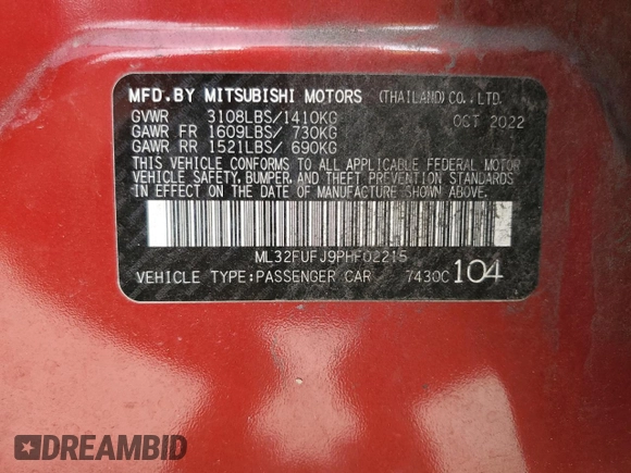 2023 Mitsubishi Mirage ES with VIN ML32FUFJ9PHF02215, listed as a Copart auction lot 59095235 with 48,067 mi miles and Non repairable. Bid and sale history available at DreamBid. Image 12.