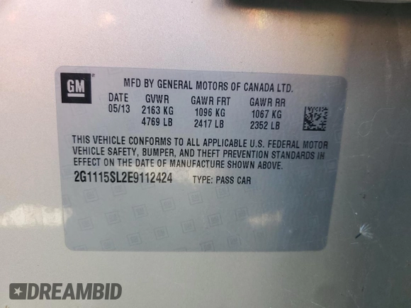 2014 Chevrolet Impala LT with VIN 2G1115SL2E9112424, listed as a Copart auction lot 49663245 with 112,140 mi miles and Salvage Title. Bid and sale history available at DreamBid. Image 13.