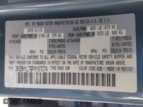2015 Mazda 3 i Touring with VIN 3MZBM1L79FM187074, listed as a IAAI auction lot 42147375 with 23,394 mi miles and . Bid and sale history available at DreamBid. Image 9.