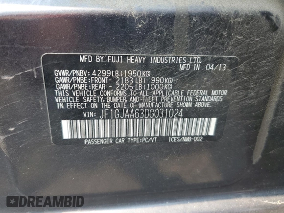 2013 Subaru Impreza с VIN JF1GJAA63DG031024, выставлен на аукционе Copart как лот 59329475 с пробегом 191 753 миль миль и Списание • Salvage title. История ставок и продаж доступна на DreamBid. Изображение 12.