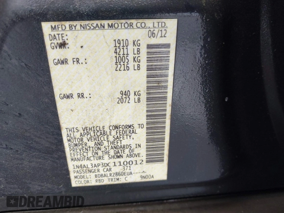 2013 Nissan Altima SL z VIN 1N4AL3AP3DC110012, wystawiony jako IAAI lot #42368802 z przebiegiem 296 774 mil mil oraz . Historia ofert i sprzedaży dostępna na DreamBid. Obrazek 9.
