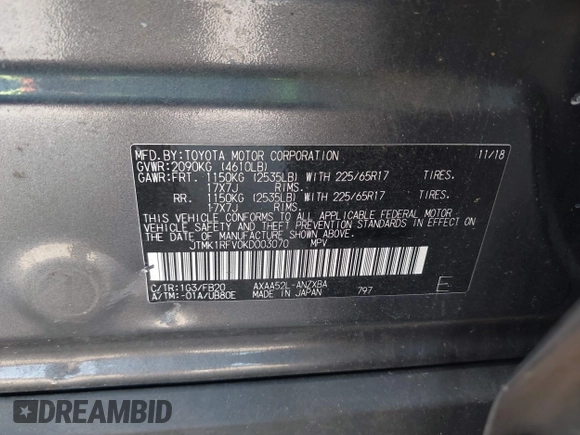 2019 Toyota RAV4 LE with VIN JTMK1RFV0KD003070, listed as a IAAI auction lot 42051761 with 86,651 mi miles. Bid and sale history available at carsss.com. Image 9.