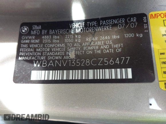 2008 BMW 5 Series 528xi with VIN WBANV13528CZ56477, listed as a IAAI auction lot 41921328 with 180,983 mi miles and . Bid and sale history available at carsss.com. Image 9.