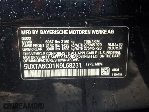2022 BMW X5 xDrive45e with VIN 5UXTA6C01N9L68231, listed as a Copart auction lot 69361212 with 0 mi miles. Bid and sale history available at carsss.com. Image 13.