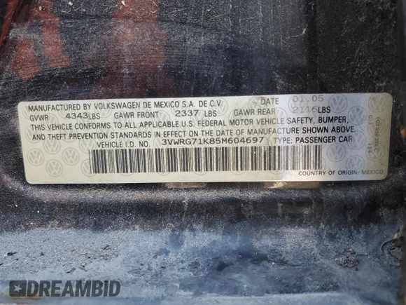 2005 Volkswagen Jetta 2.5L with VIN 3VWRG71K85M604697, listed as a Copart auction lot 42790635 with 179,281 mi miles and Salvage title. Bid and sale history available at DreamBid. Image 12.