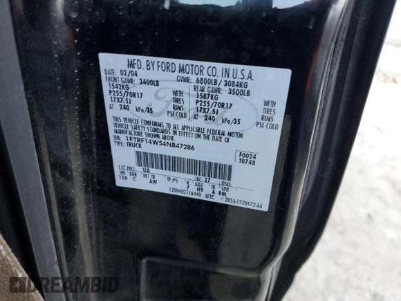 2004 Ford F-150 XL with VIN 1FTRF14W54NB47286, listed as a Copart auction lot 83533324 with 302,443 mi miles and Salvage Title. Bid and sale history available at DreamBid. Image 12.