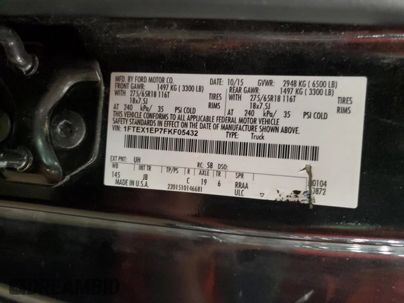 2015 Ford F-150 XLT with VIN 1FTEX1EP7FKF05432, listed as a Copart auction lot 60664805 with 165,509 mi miles and Salvage title. Bid and sale history available at DreamBid. Image 12.