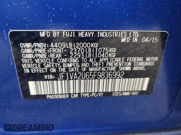 2015 Subaru WRX STI Limited with VIN JF1VA2U65F9836992, listed as a Copart auction lot 48438775 with 113,433 mi miles and Salvage title. Bid and sale history available at DreamBid. Image 14.