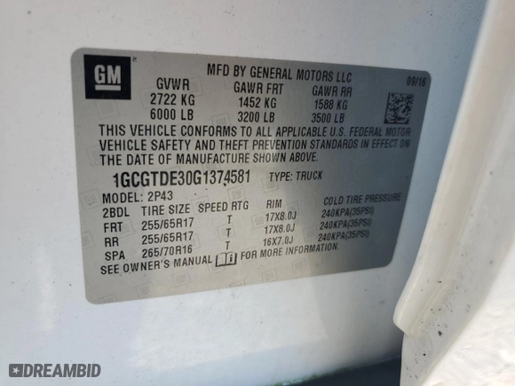 2016 Chevrolet Colorado 4WD Z71 with VIN 1GCGTDE30G1374581, listed as a Copart auction lot 53560865 with 88,415 mi miles and Salvage Title. Bid and sale history available at carsss.com. Image 15.