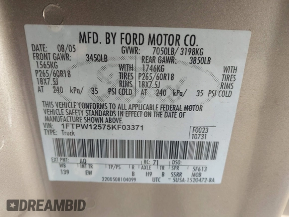 2005 Ford F-150 XLT с VIN 1FTPW12575KF03371, выставлен на аукционе IAAI как лот 41577250 с пробегом 218 892 миль миль и . История ставок и продаж доступна на DreamBid. Изображение 9.