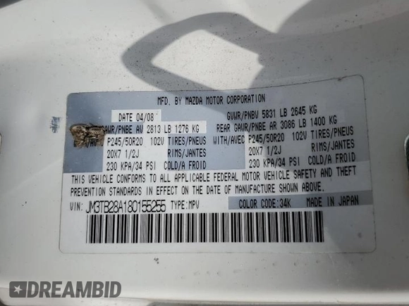 2008 Mazda CX-9 Sport with VIN JM3TB28A180155255, listed as a Copart auction lot 55943404 with 45,660 mi miles and Salvage Title. Bid and sale history available at DreamBid. Image 14.
