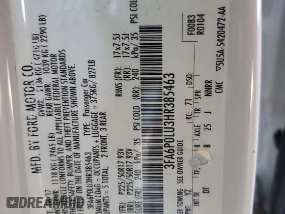 2017 Ford Fusion Hybrid SE with VIN 3FA6P0LU3HR385463, listed as a Copart auction lot 61591475 with 117,468 mi miles and Salvage title. Bid and sale history available at DreamBid. Image 13.