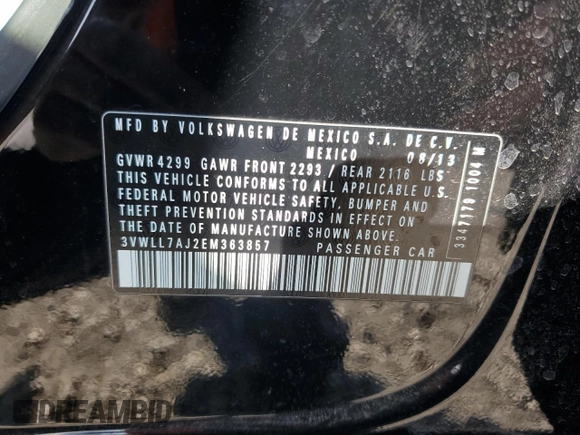 2014 Volkswagen Jetta TDI w/Premium with VIN 3VWLL7AJ2EM363857, listed as a Copart auction lot 54721665 with 134,225 mi miles and Salvage title. Bid and sale history available at DreamBid. Image 13.