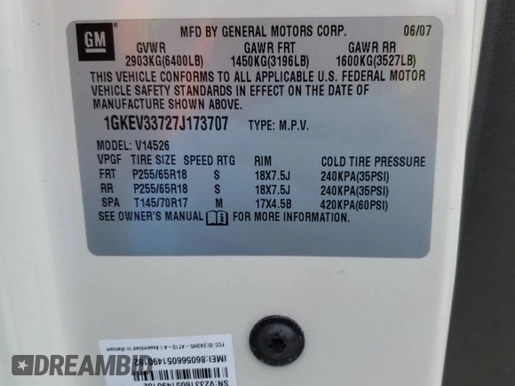 2007 GMC Acadia SLT with VIN 1GKEV33727J173707, listed as a Copart auction lot 88926205 with 187,342 mi miles and Salvage Title. Bid and sale history available at carsss.com. Image 15.