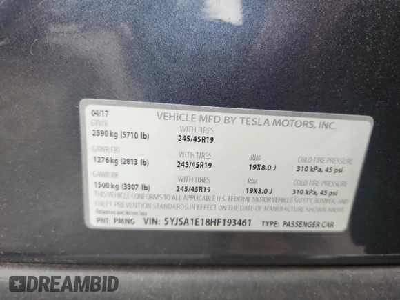 2017 Tesla Model S 60 z VIN 5YJSA1E18HF193461, wystawiony jako Copart lot #61040785 z przebiegiem 99 100 mil mil oraz Szkoda całkowita • Salvage title. Historia ofert i sprzedaży dostępna na DreamBid. Obrazek 12.
