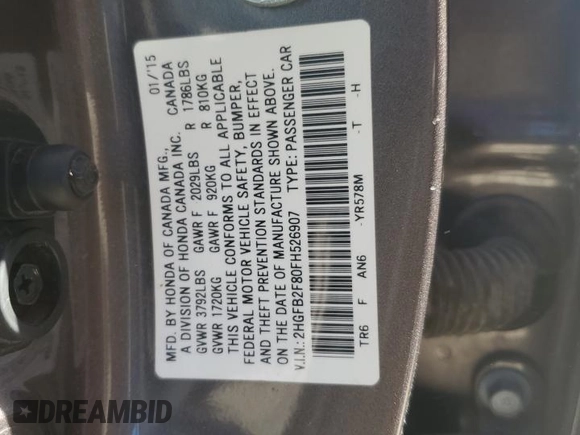 2015 Honda Civic EX with VIN 2HGFB2F80FH526907, listed as a Copart auction lot 46945025 with 78,764 mi miles and Salvage Title. Bid and sale history available at DreamBid. Image 14.