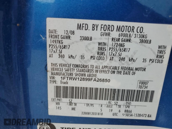 2009 Ford F-150 XL with VIN 1FTRW12899FA26850, listed as a Copart auction lot 44053435 with 163,491 mi miles and Salvage Title. Bid and sale history available at carsss.com. Image 12.