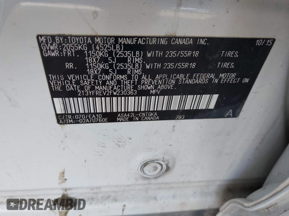 2015 Toyota RAV4 Limited z VIN 2T3YFREV2FW230363, wystawiony jako IAAI lot #41428314 z przebiegiem Nie podano mil oraz . Historia ofert i sprzedaży dostępna na DreamBid. Obrazek 9.
