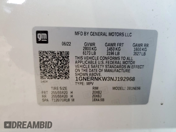 2022 Chevrolet Traverse High Country with VIN 1GNERNKW3NJ192968, listed as a Copart auction lot 70439884 with 42,420 mi miles and Salvage title. Bid and sale history available at DreamBid. Image 13.