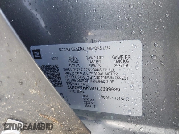 2020 Chevrolet Traverse LT with VIN 1GNERHKW7LJ309689, listed as a IAAI auction lot 42270616 with 120,264 mi miles and . Bid and sale history available at DreamBid. Image 9.